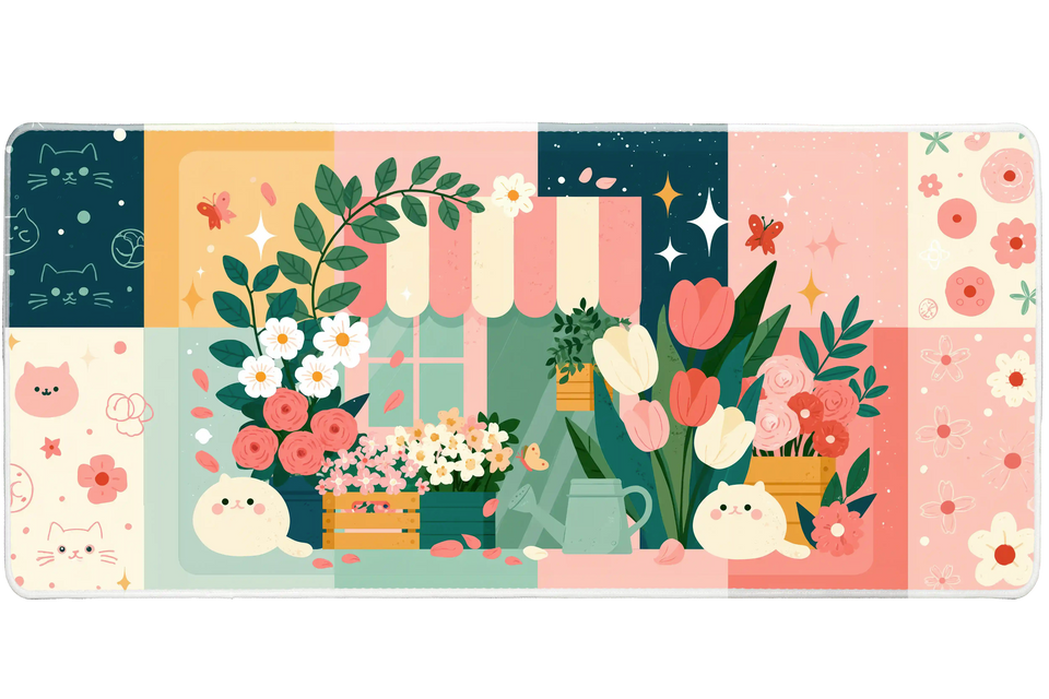 Cute Cat Flower Shop Pastel Storefront desk mat with storefront art, roses, daisies, butterflies