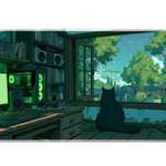 Cat Window Gaming Desk Mat | Cozy PC Room Mouse Pad artwork on an extended desk mat with cozy gaming room with a cat by the window