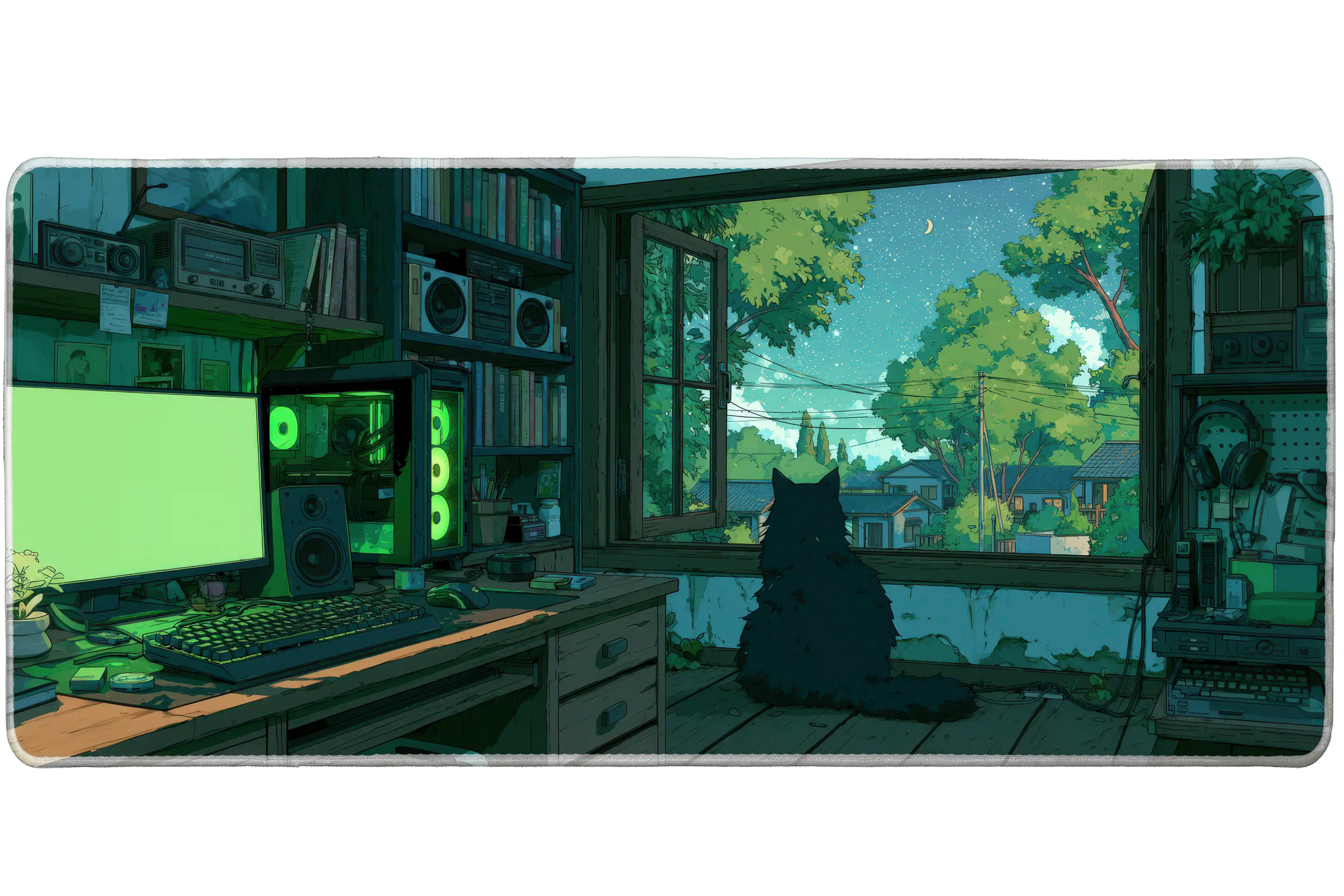 Cat Window Gaming Desk Mat | Cozy PC Room Mouse Pad artwork on an extended desk mat with cozy gaming room with a cat by the window
