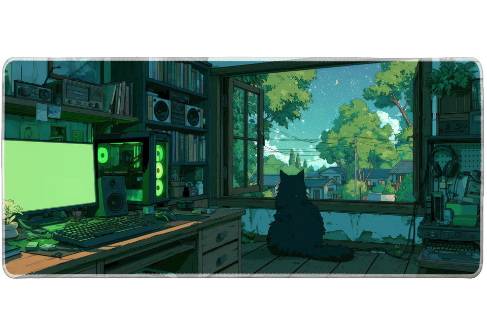 Cat Window Gaming Desk Mat | Cozy PC Room Mouse Pad artwork on an extended desk mat with cozy gaming room with a cat by the window
