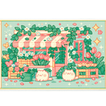 Kawaii Cat Garden Pastel Storefront desk mat with a pastel storefront, smiling cats, tulips, butterflies