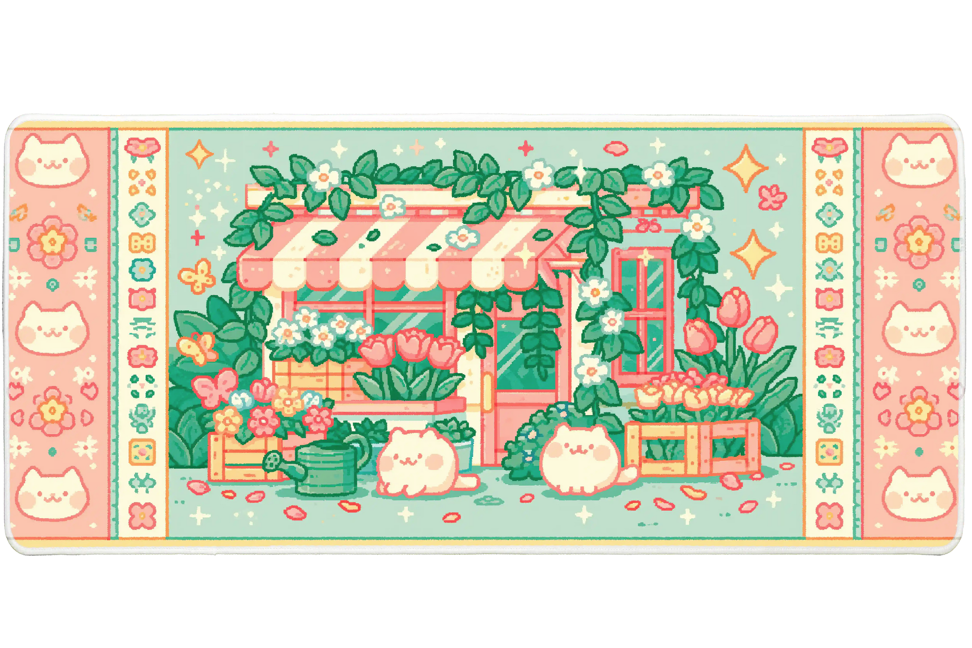 Kawaii Cat Garden Pastel Storefront desk mat with a pastel storefront, smiling cats, tulips, butterflies