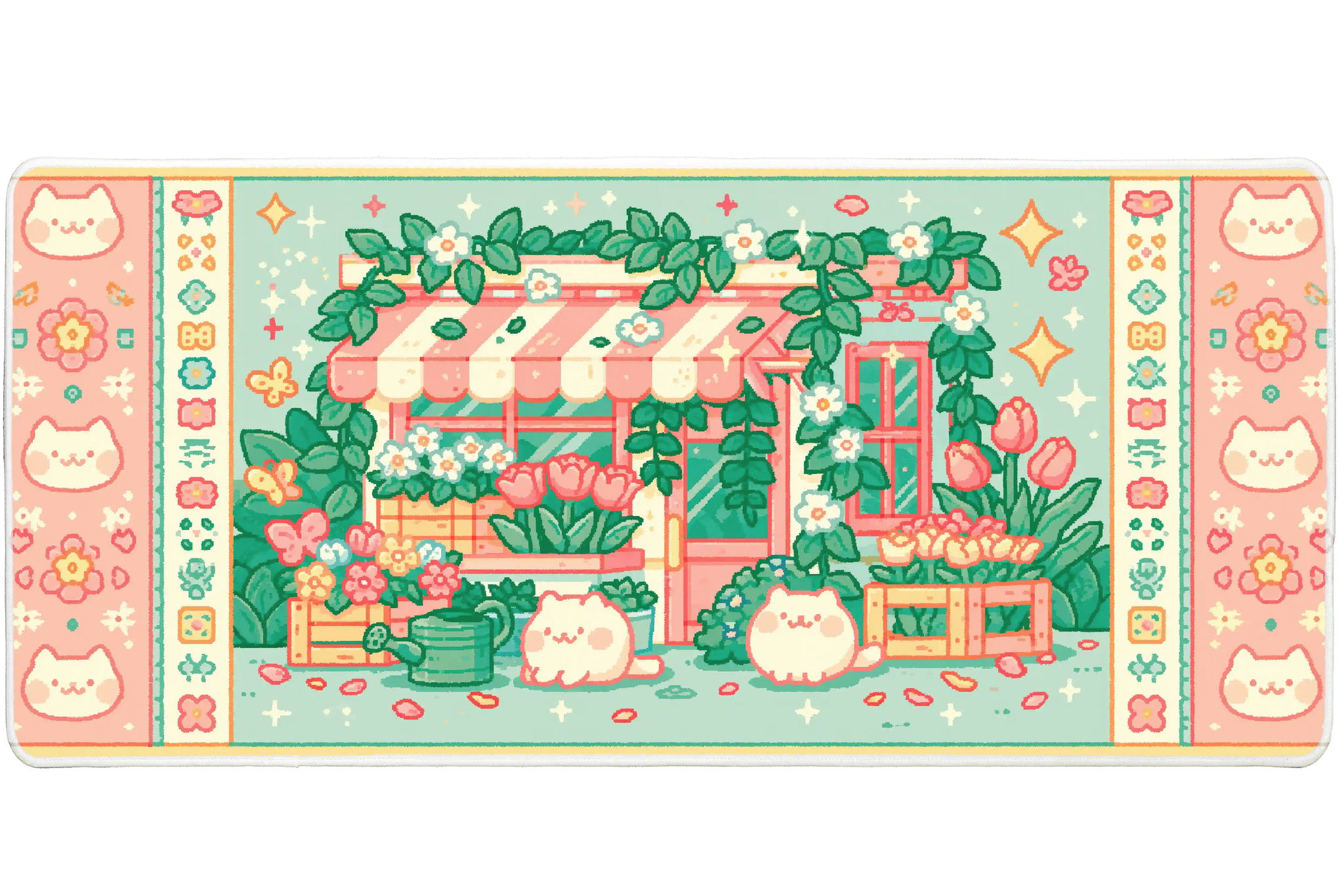 Kawaii Cat Garden Pastel Storefront desk mat with a pastel storefront, smiling cats, tulips, butterflies