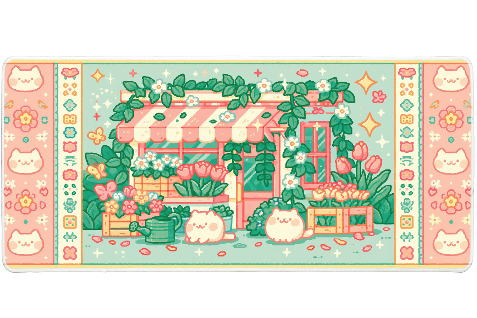 Kawaii Cat Garden Pastel Storefront desk mat with a pastel storefront, smiling cats, tulips, butterflies