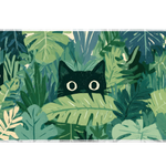 Black Cat Jungle Tropical Leaf desk mat with curious cats hiding among lush tropical leaves