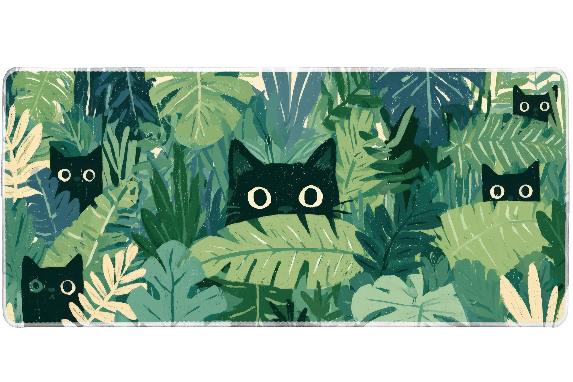 Black Cat Jungle Tropical Leaf desk mat with curious cats hiding among lush tropical leaves