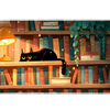 Cozy Black Cat Library Book Lover desk mat with a sleepy cat, glowing lamp, bookshelves, hanging