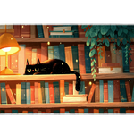 Cozy Black Cat Library Book Lover desk mat with a sleepy cat, glowing lamp, bookshelves, hanging