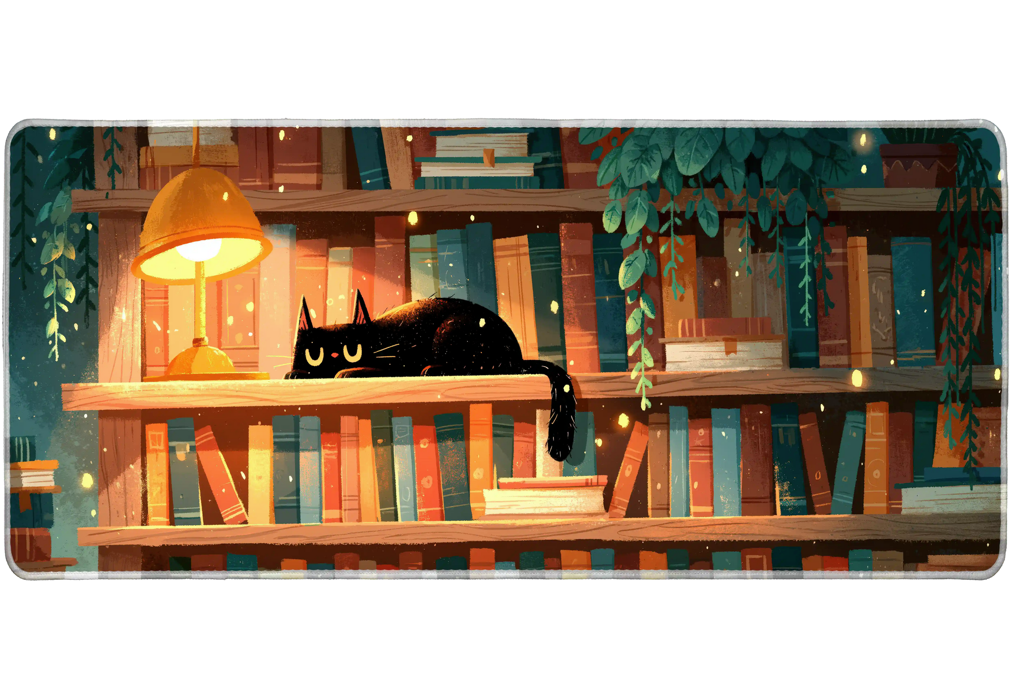 Cozy Black Cat Library Book Lover desk mat with a sleepy cat, glowing lamp, bookshelves, hanging