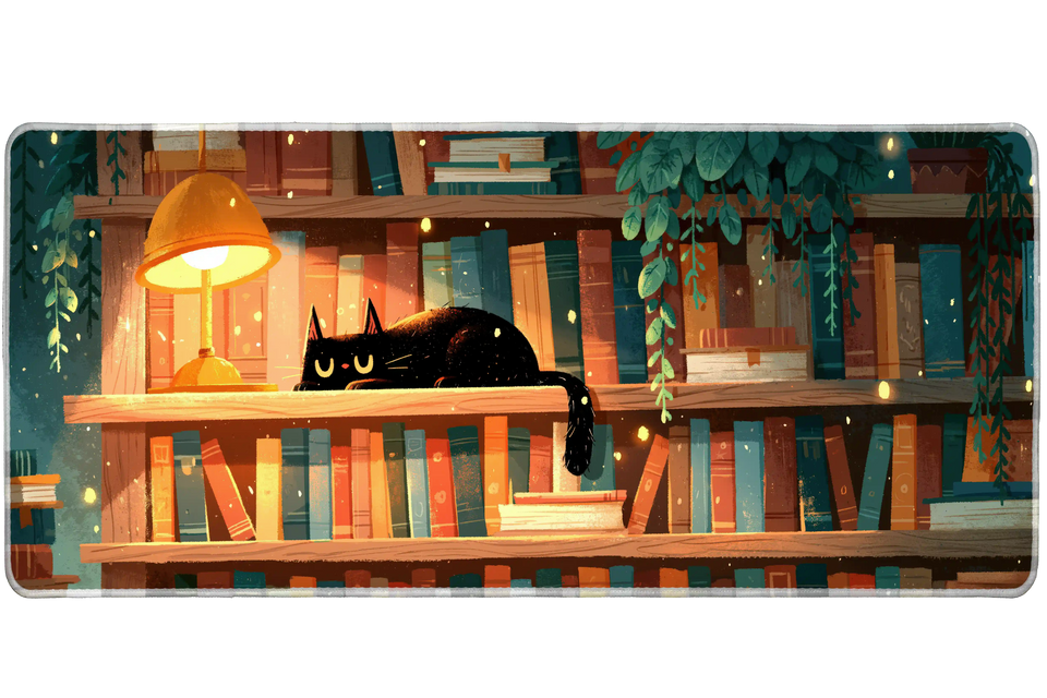Cozy Black Cat Library Book Lover desk mat with a sleepy cat, glowing lamp, bookshelves, hanging