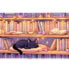 Cozy Cat Library Book Nook Aesthetic desk mat with a sleeping black cat, glowing string lights
