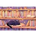 Cozy Cat Library Book Nook Aesthetic desk mat with a sleeping black cat, glowing string lights