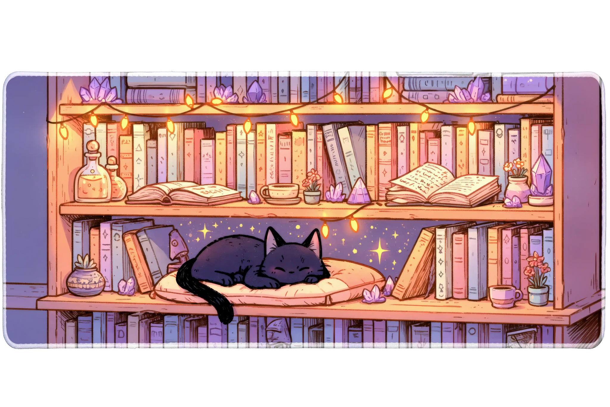 Cozy Cat Library Book Nook Aesthetic desk mat with a sleeping black cat, glowing string lights