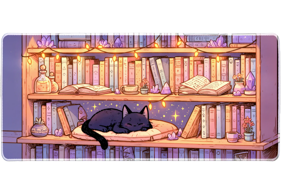 Cozy Cat Library Book Nook Aesthetic desk mat with a sleeping black cat, glowing string lights