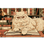 Persian Cat Library Book Lover desk mat with a fluffy cat with glasses, vintage bookshelves, a
