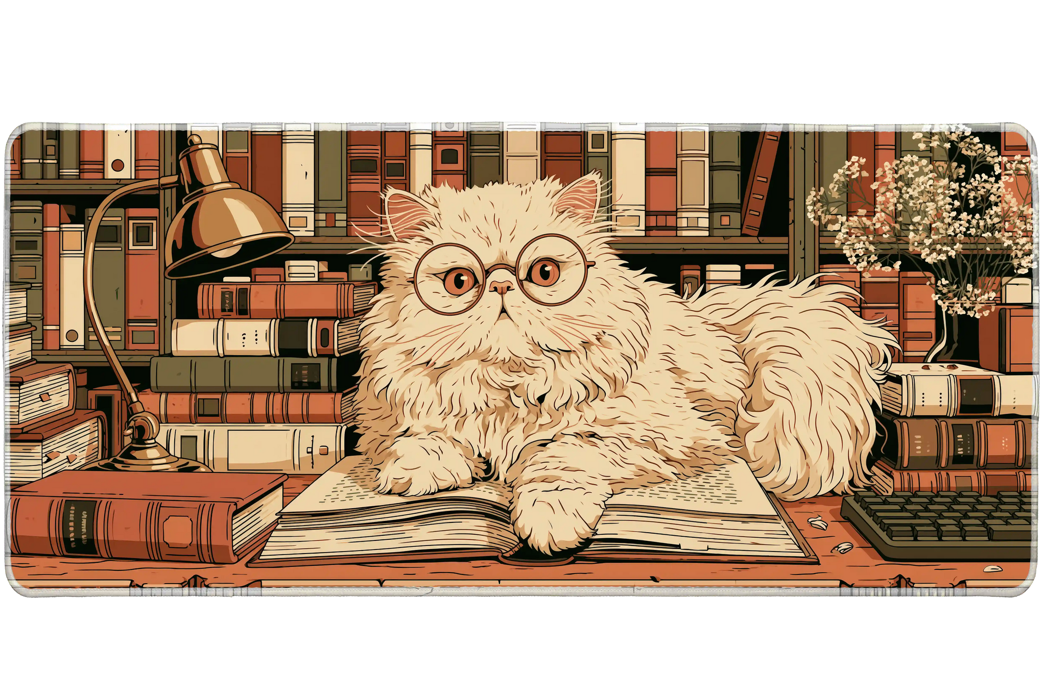 Persian Cat Library Book Lover desk mat with a fluffy cat with glasses, vintage bookshelves, a