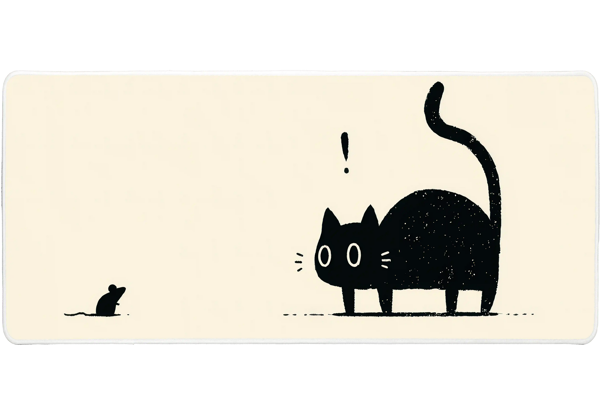 Black Cat Mouse Cream Minimal desk mat with a curious cat, tiny mouse, and simple cream background