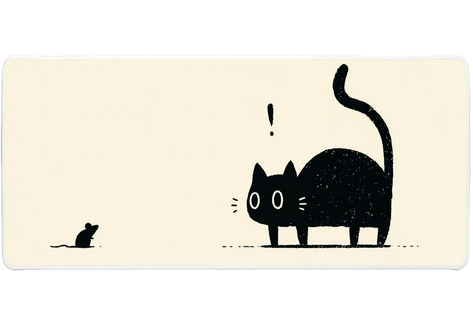 Black Cat Mouse Cream Minimal desk mat with a curious cat, tiny mouse, and simple cream background