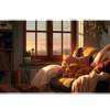 Cat Reading Nook Desk Mat | Sunset Window artwork on an extended desk mat with cat reading nook design