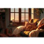 Cat Reading Nook Desk Mat | Sunset Window artwork on an extended desk mat with cat reading nook design