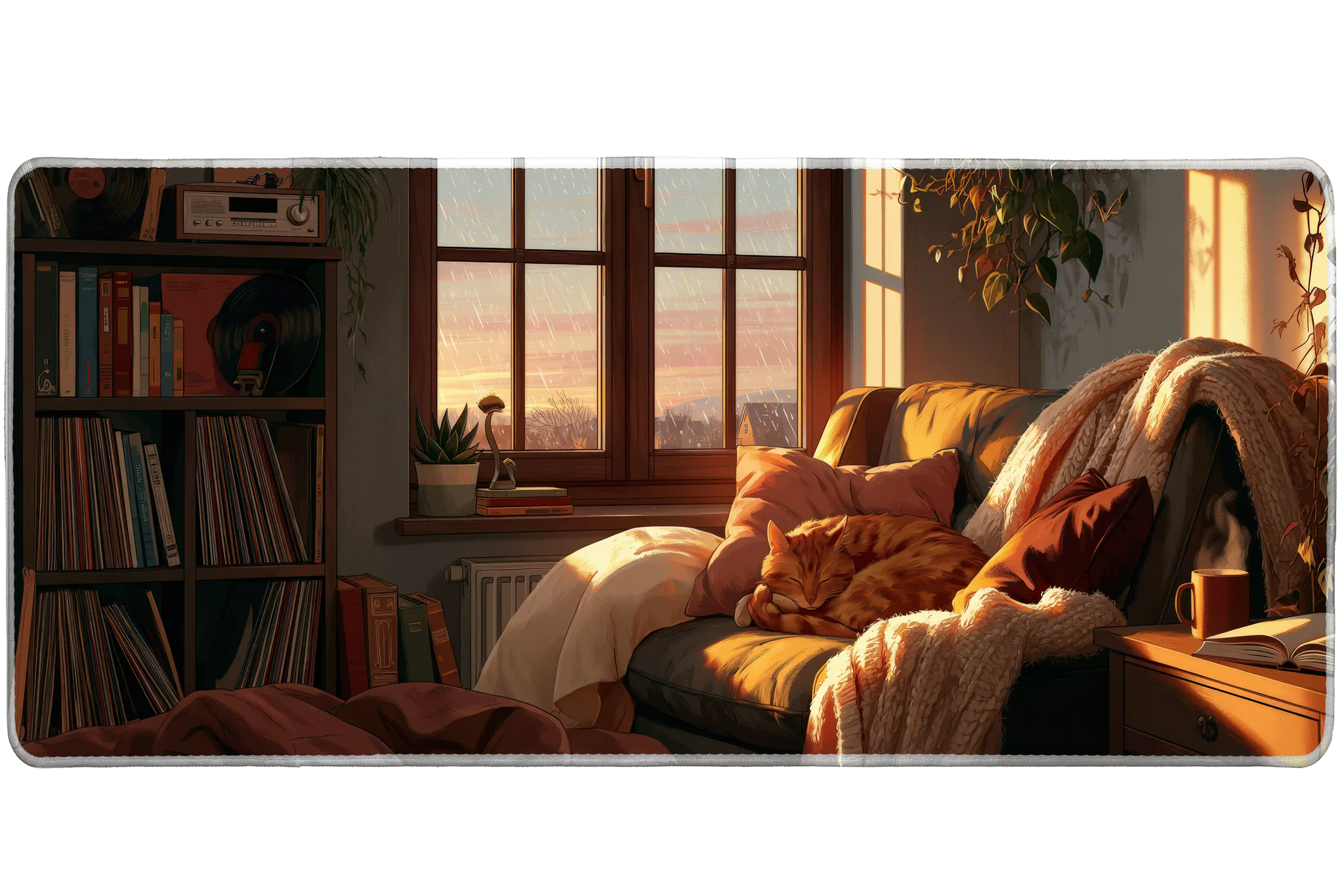 Cat Reading Nook Desk Mat | Sunset Window artwork on an extended desk mat with cat reading nook design