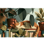 Cat in Houseplants Desk Mat | Botanical Mouse Pad artwork on an extended desk mat with orange cat resting among sunlit houseplants