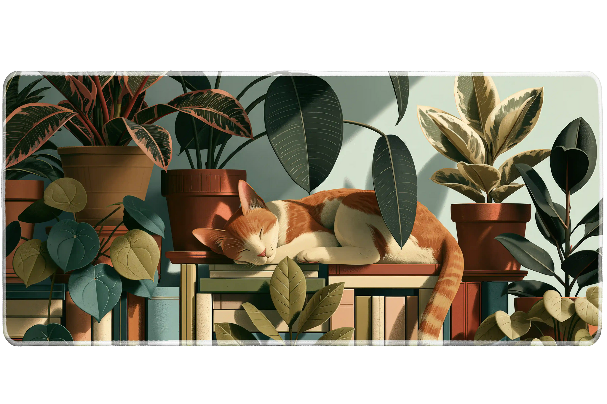 Cat in Houseplants Desk Mat | Botanical Mouse Pad artwork on an extended desk mat with orange cat resting among sunlit houseplants