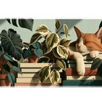 Cat on Books Desk Mat | Plant Lover Mouse Pad artwork on an extended desk mat with orange cat on books among houseplants