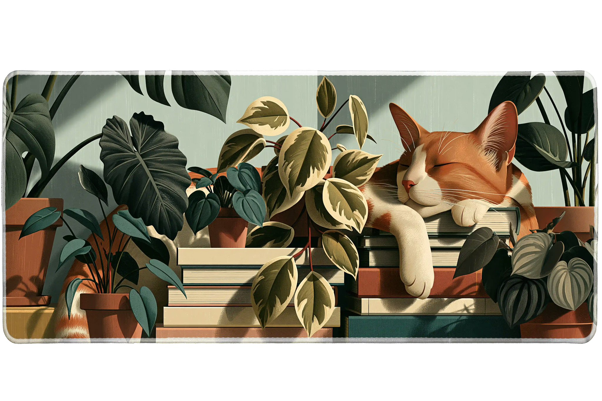 Cat on Books Desk Mat | Plant Lover Mouse Pad artwork on an extended desk mat with orange cat on books among houseplants