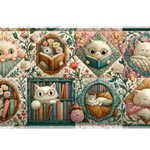 Cat Quilt Desk Mat | Floral Bookshelf Pattern artwork on an extended desk mat with cat quilt design