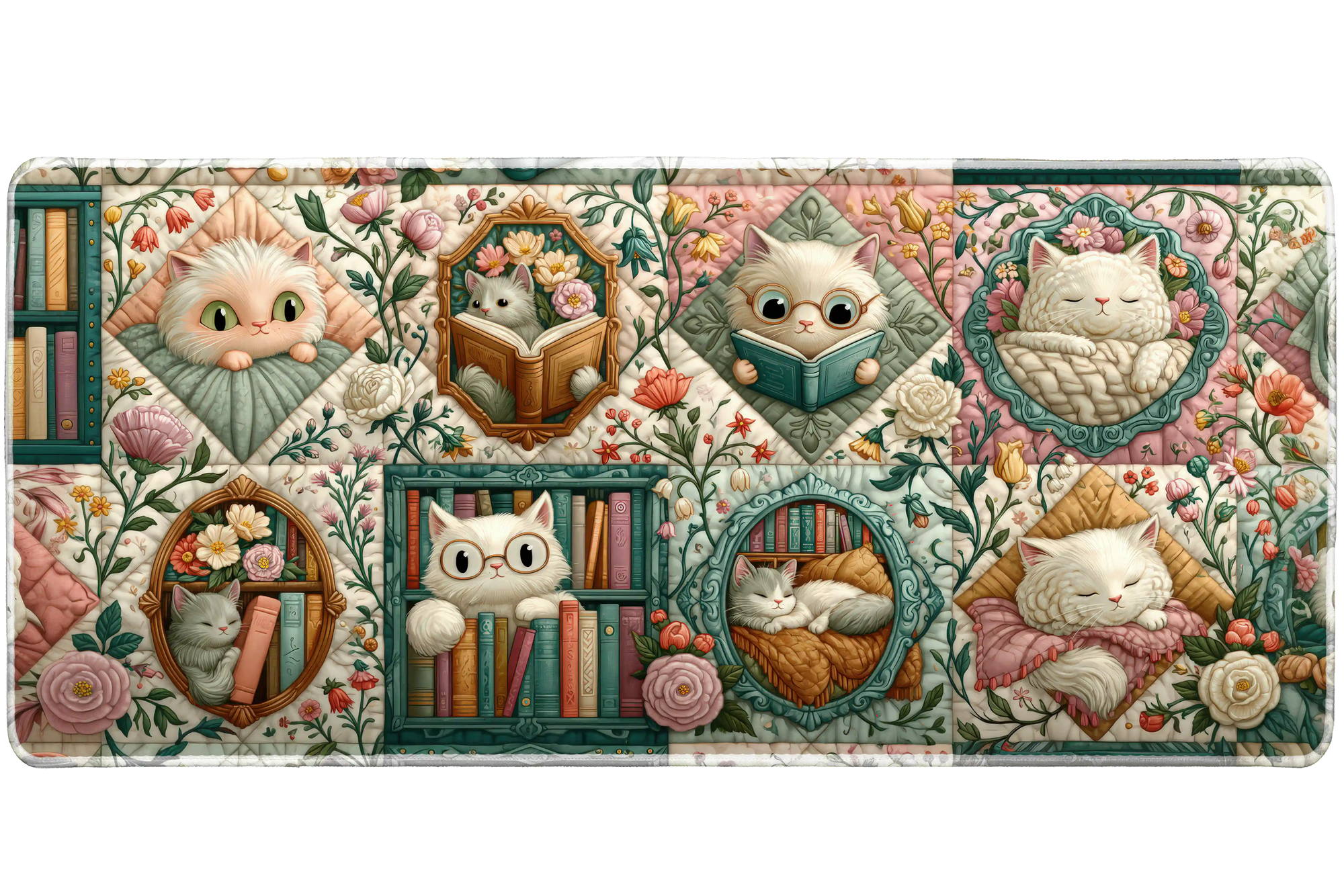 Cat Quilt Desk Mat | Floral Bookshelf Pattern artwork on an extended desk mat with cat quilt design