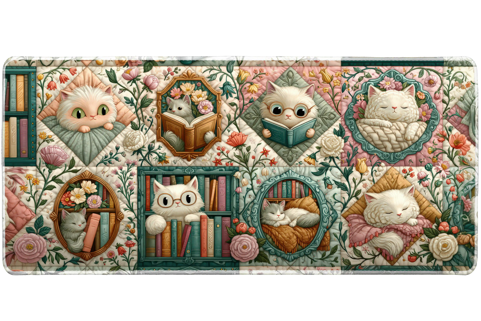 Cat Quilt – Floral Bookshelf Pattern desk mat and mouse pad by PrintMyPad
