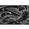 Black and white celestial angel desk mat with detailed wings, flowing ribbons, crescent moons and stars