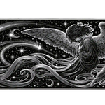 Black and white celestial angel desk mat with detailed wings, flowing ribbons, crescent moons and stars