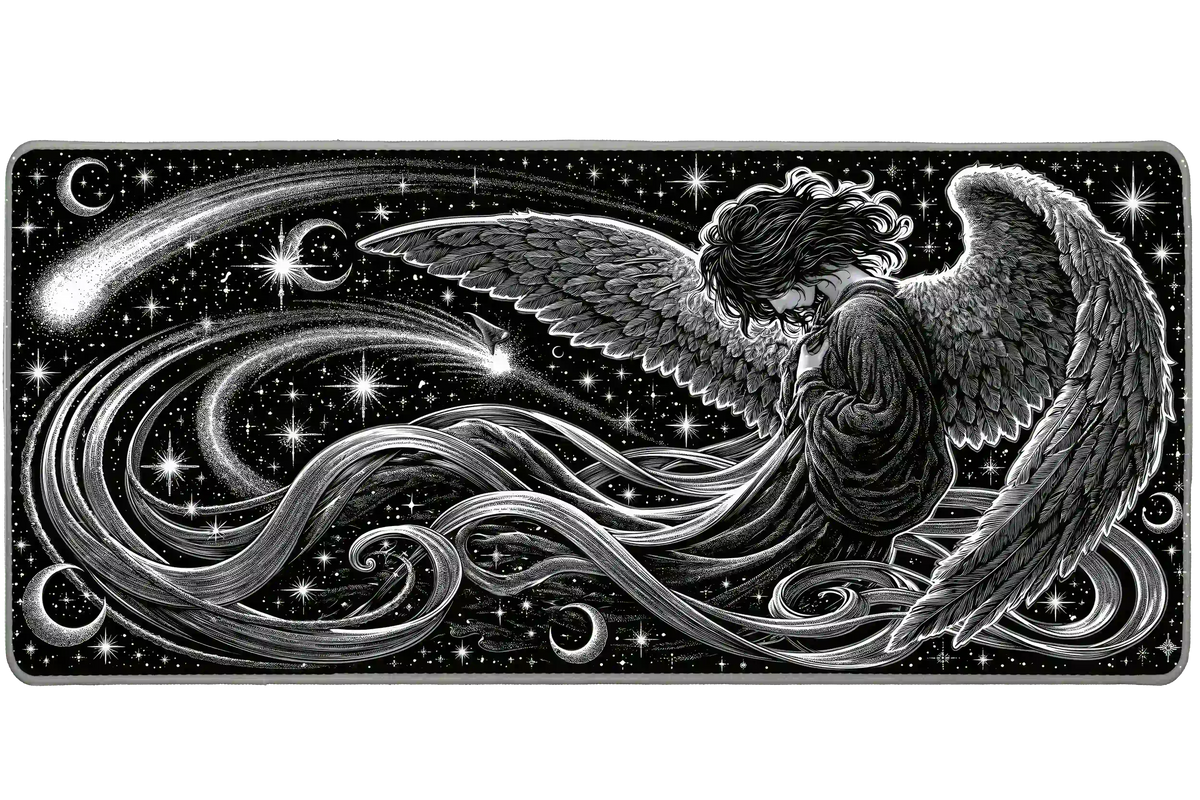 Black and white celestial angel desk mat with detailed wings, flowing ribbons, crescent moons and stars