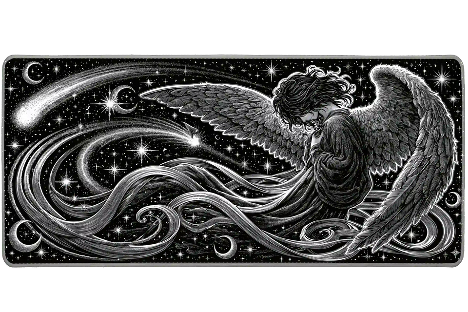 Black and white celestial angel desk mat with detailed wings, flowing ribbons, crescent moons and stars