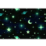 Celestial desk mat with mint-green stars, crescent moons and teal ringed planets on a dark blue-black sky