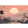 Wide Cherry Blossom Moon desk mat with a moonlit pagoda, arched bridge and flowering sakura trees