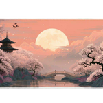 Wide Cherry Blossom Moon desk mat with a moonlit pagoda, arched bridge and flowering sakura trees