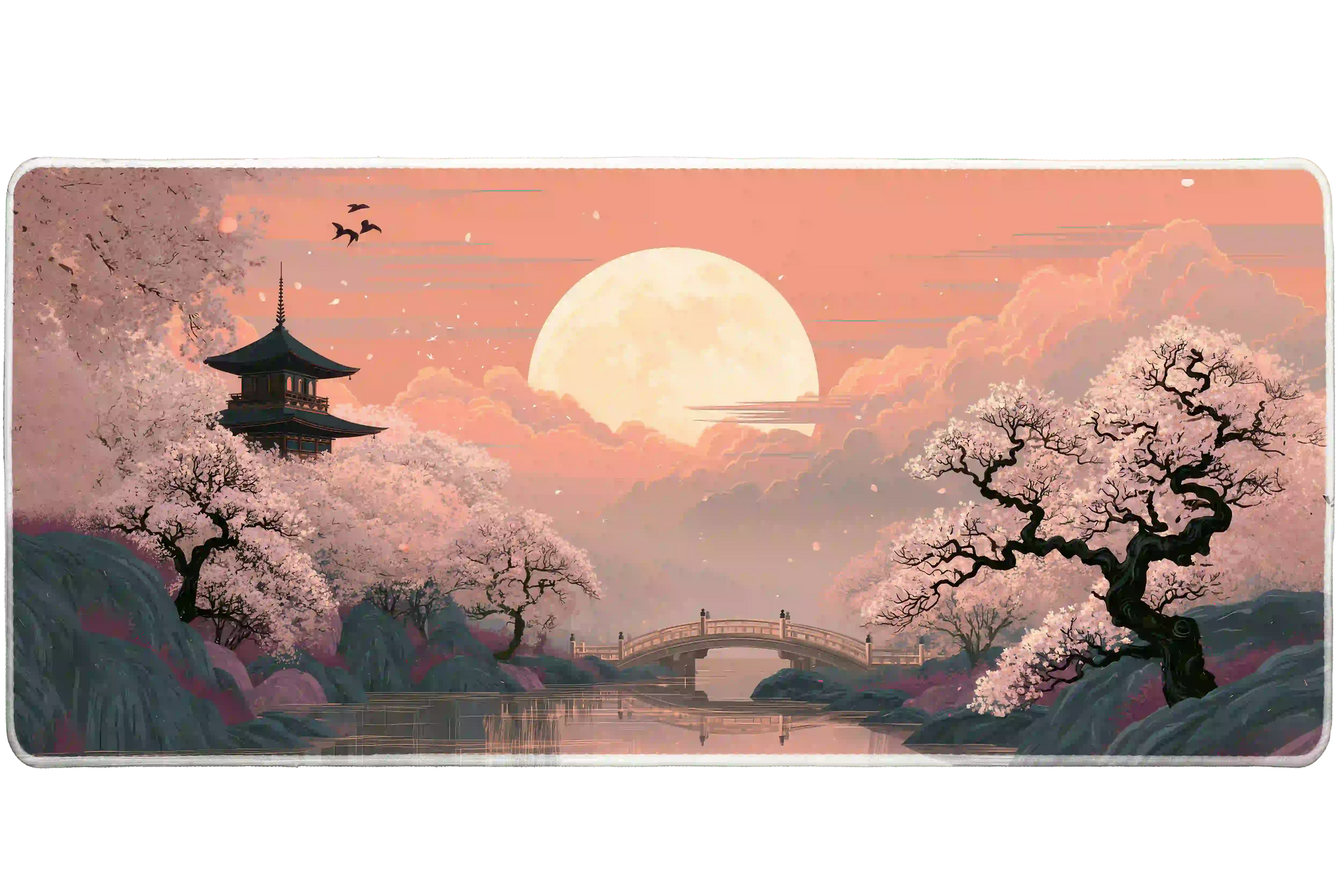 Wide Cherry Blossom Moon desk mat with a moonlit pagoda, arched bridge and flowering sakura trees