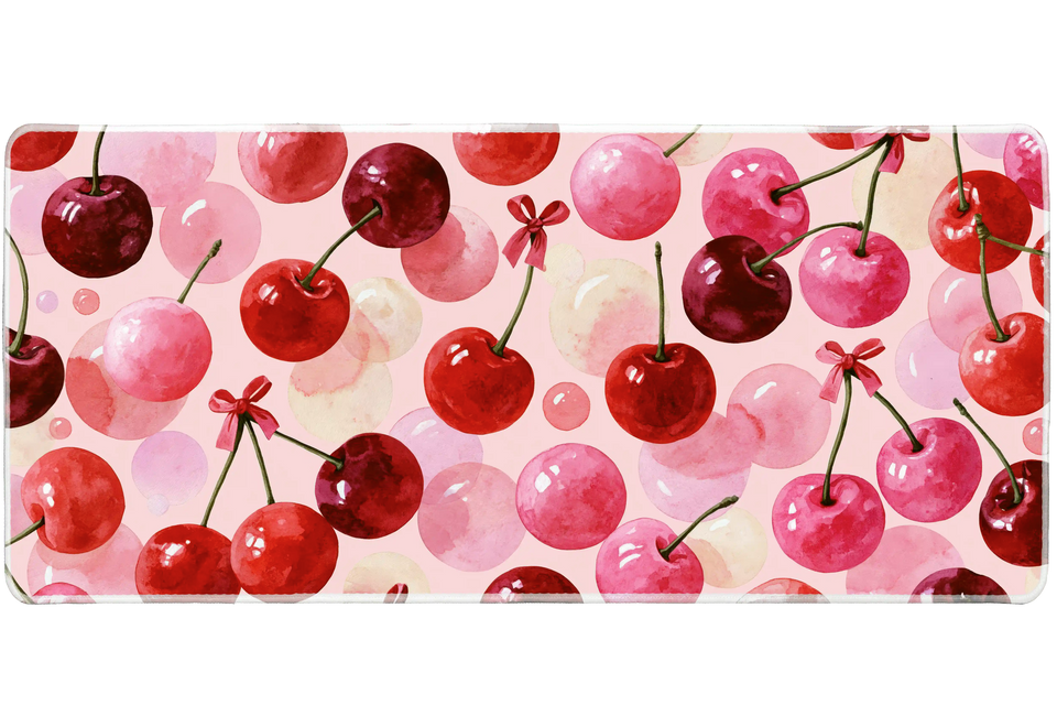 Watercolor Cherry Pattern Pink Fruit desk mat with glossy red and pink cherries, soft bubble accents