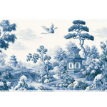 Wide view of the Chinoiserie Garden desk mat featuring pagodas, bridges, bamboo, flowering gardens and cranes