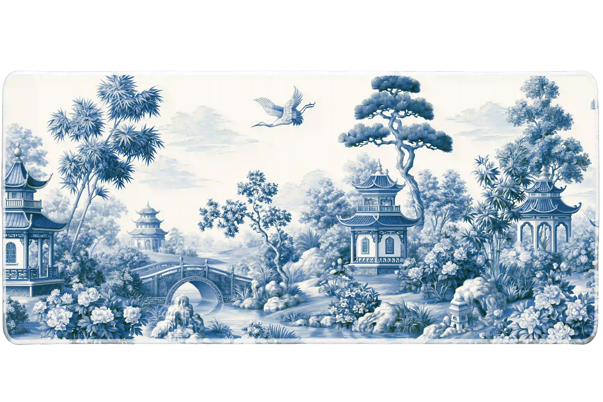 Wide view of the Chinoiserie Garden desk mat featuring pagodas, bridges, bamboo, flowering gardens and cranes