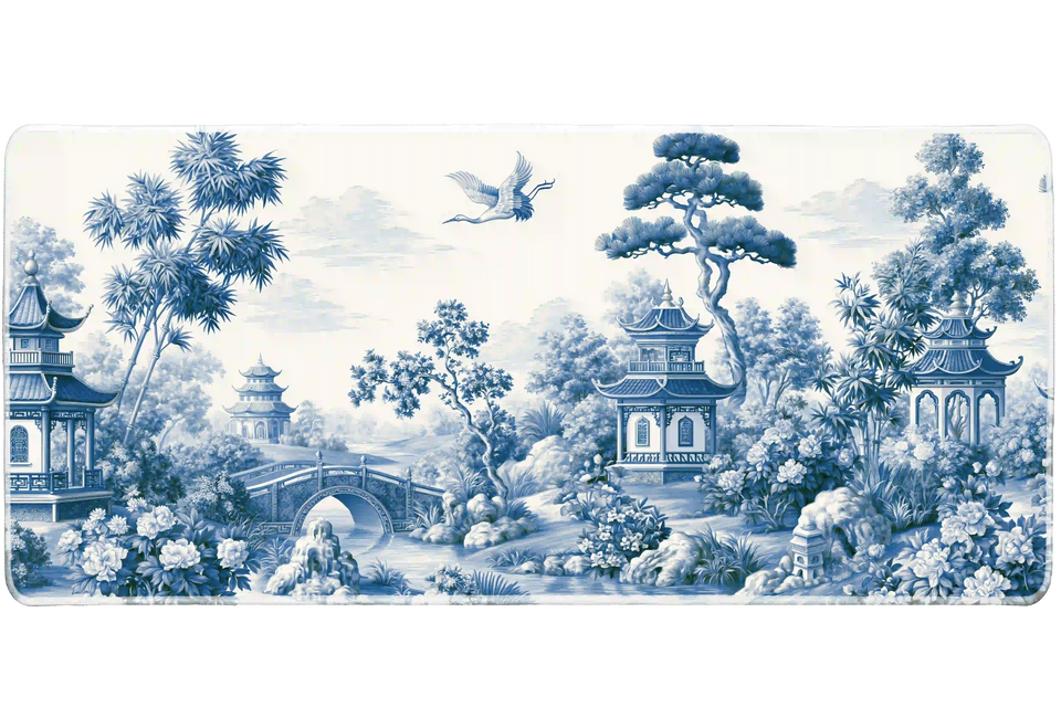 Wide view of the Chinoiserie Garden desk mat featuring pagodas, bridges, bamboo, flowering gardens and cranes