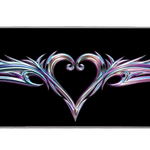 Chrome tribal heart Y2K artwork on an extended desk mat for a full keyboard and mouse layout