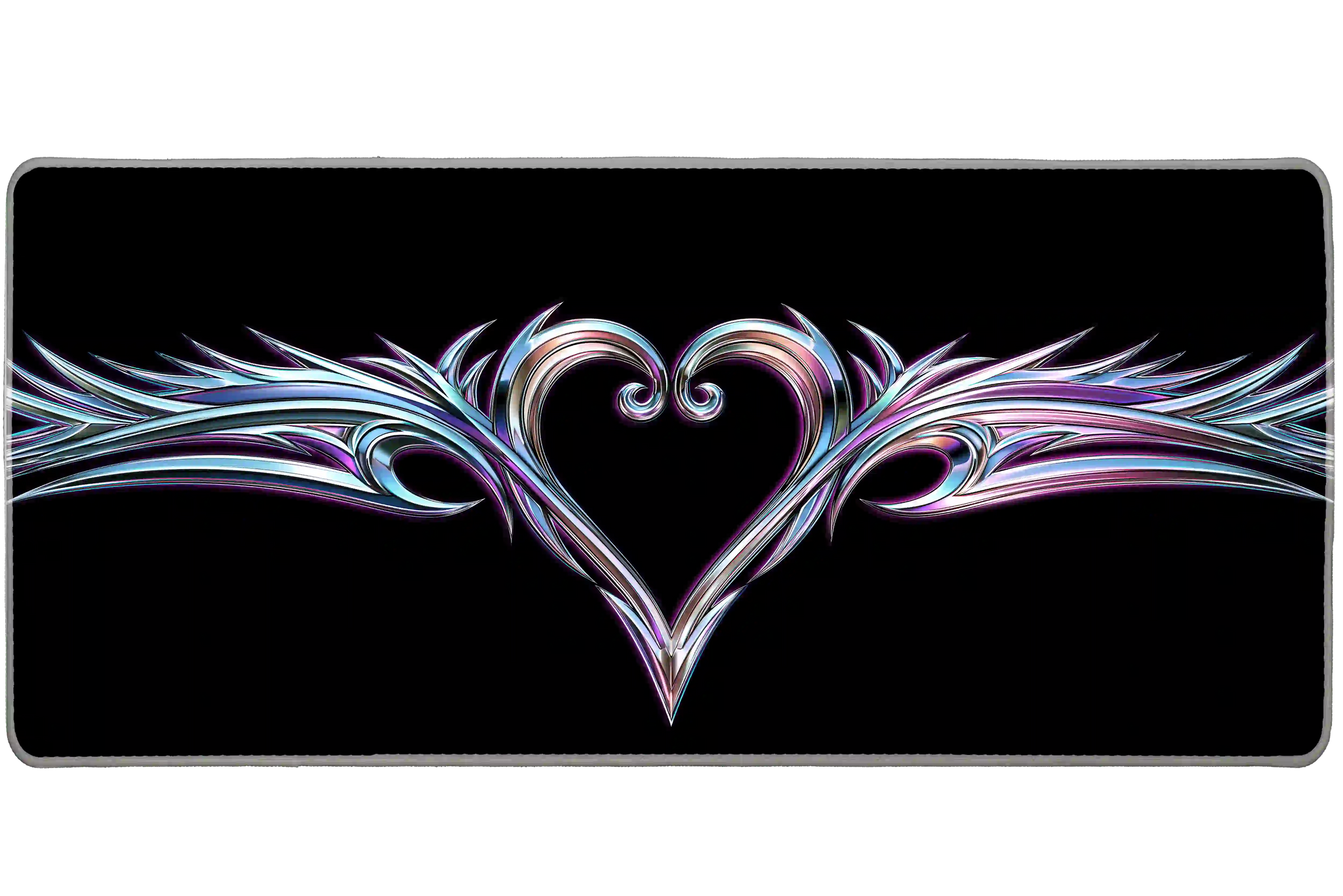 Chrome tribal heart Y2K artwork on an extended desk mat for a full keyboard and mouse layout