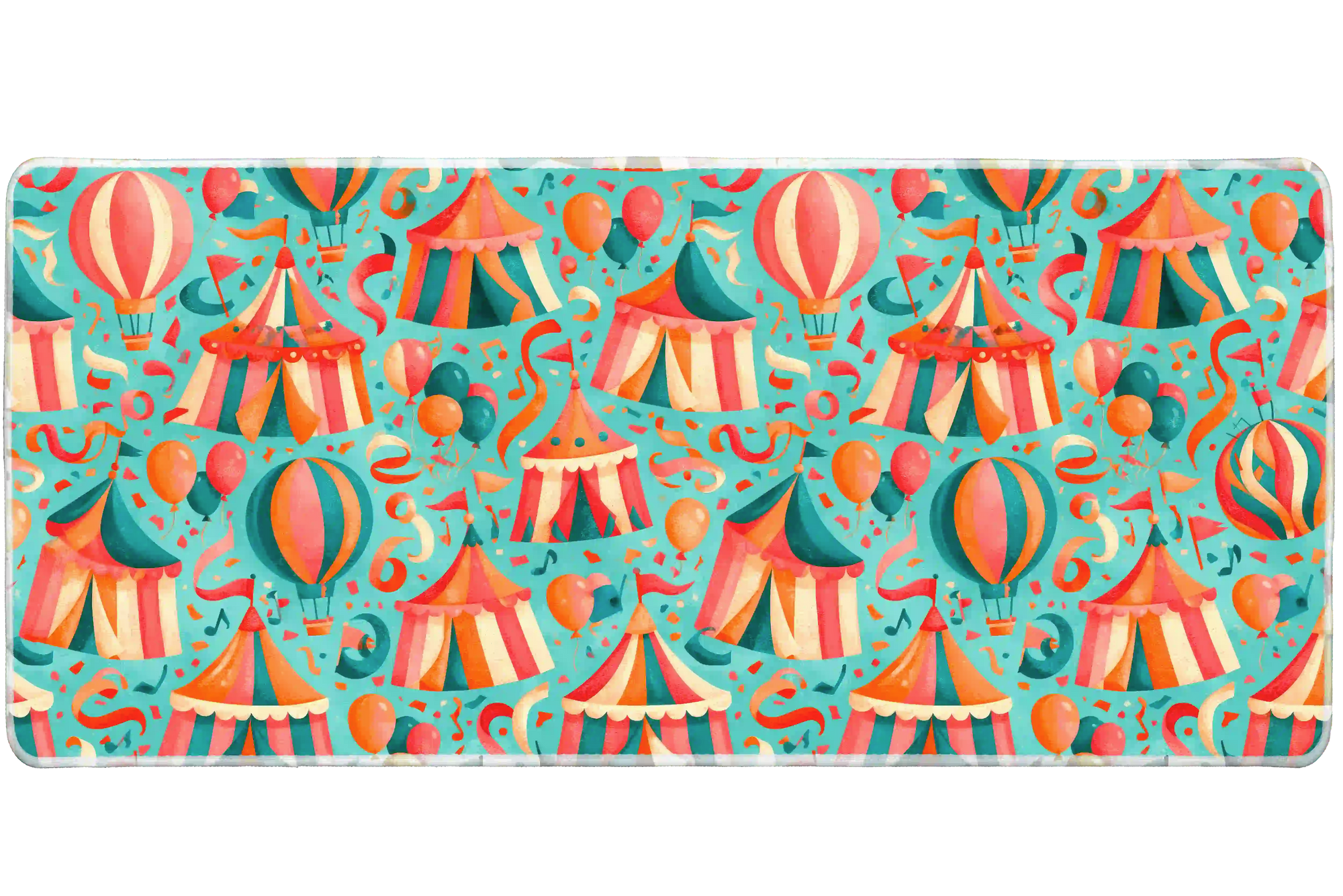 Wide Vintage Circus desk mat with big-top tents, hot-air balloons, streamers and confetti
