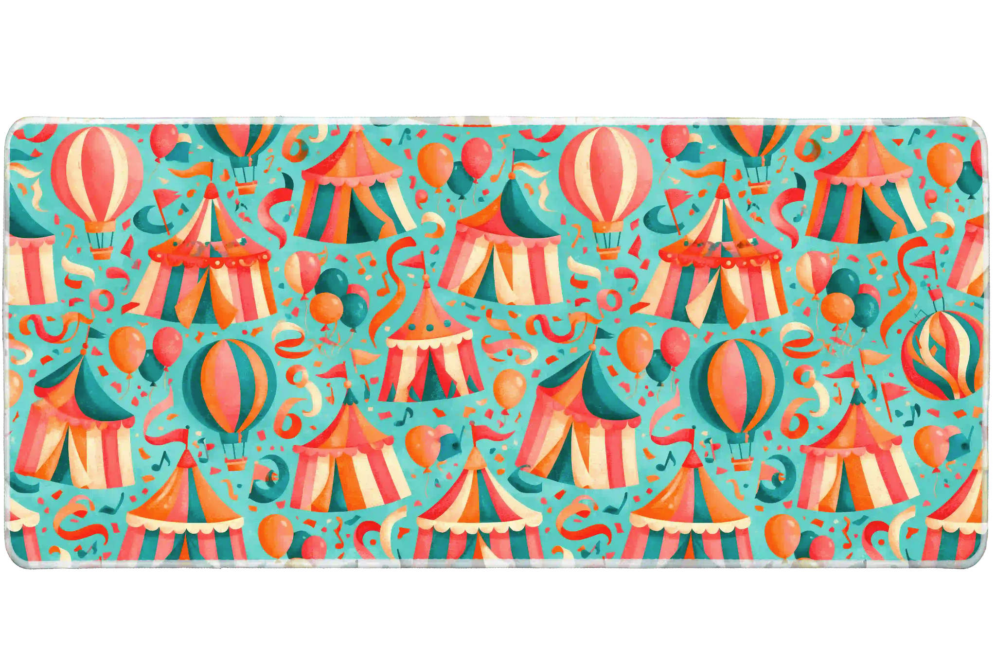 Wide Vintage Circus desk mat with big-top tents, hot-air balloons, streamers and confetti