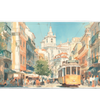 Aesthetic 90x40cm custom desk mat with watercolor city tram scene, stitched edge – Print My Pad