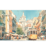 Aesthetic 90x40cm custom desk mat with watercolor city tram scene, stitched edge – Print My Pad